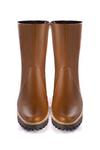 Caramel brown women's ankle boots with a zip on the inside. Round toe. Low rubber soles. Top view - Florence KOOIJMAN